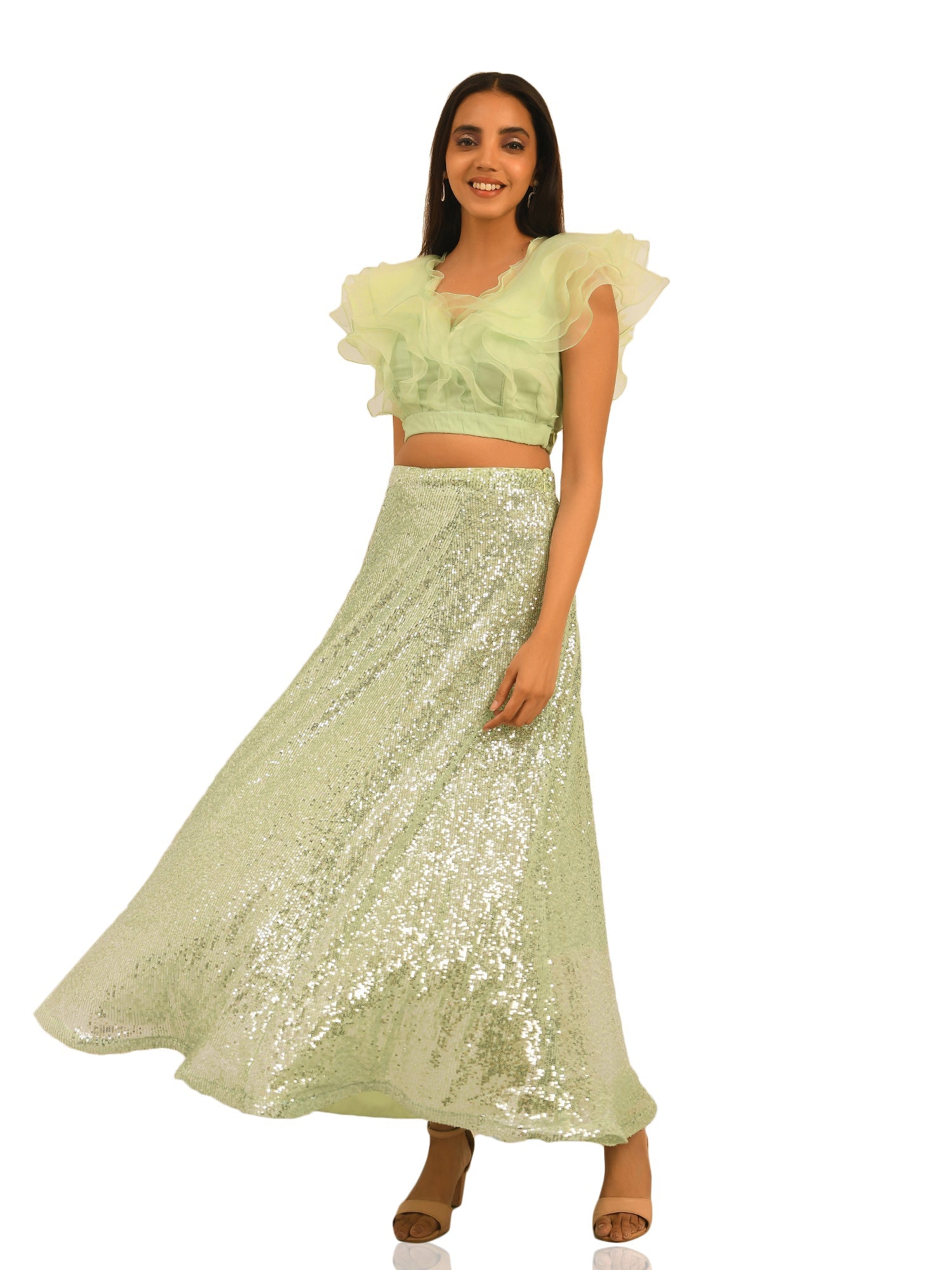 PLAYFUL RUFFLES LIGHT GREEN CROP TOP