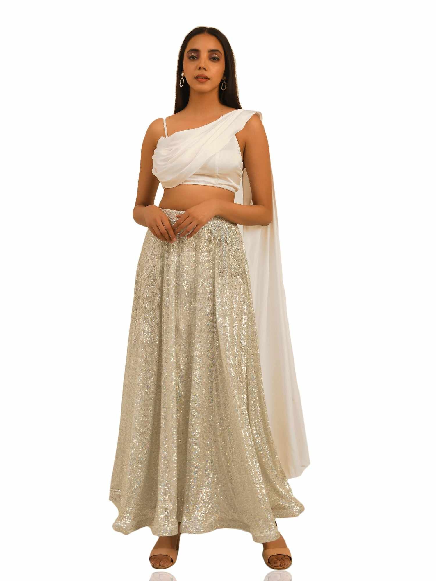 sequined tulle floor length white skirt