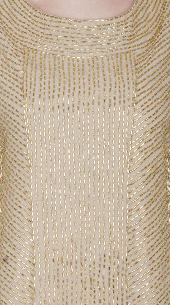 golden beaded short sleeved beige dress