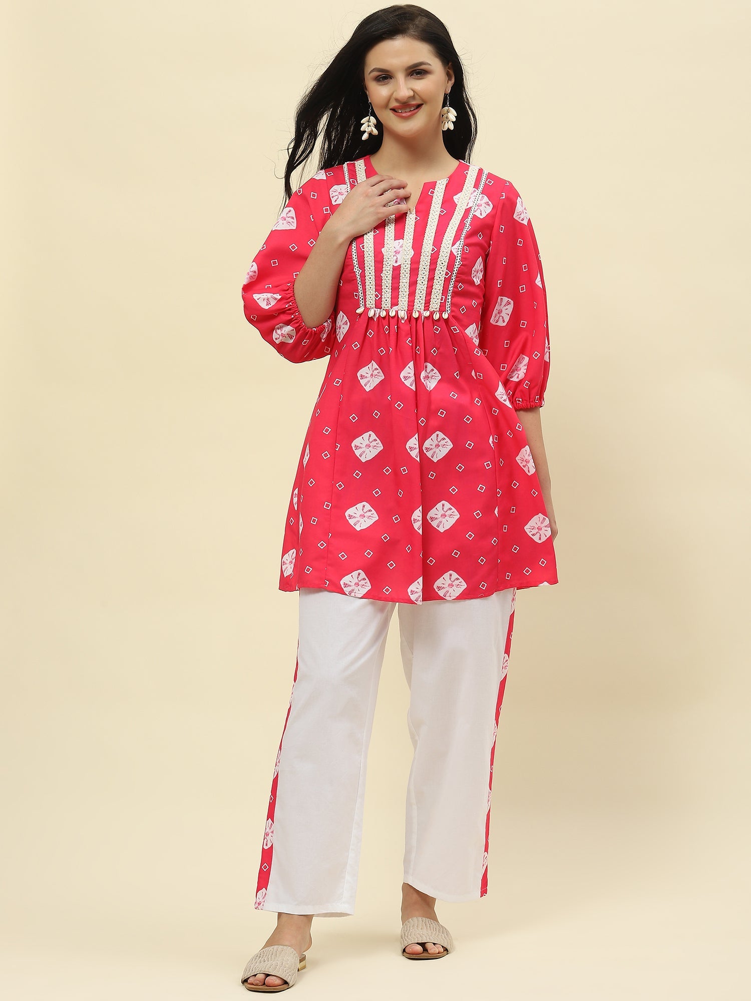 Pink bandhej print yoke detailed co-ord set