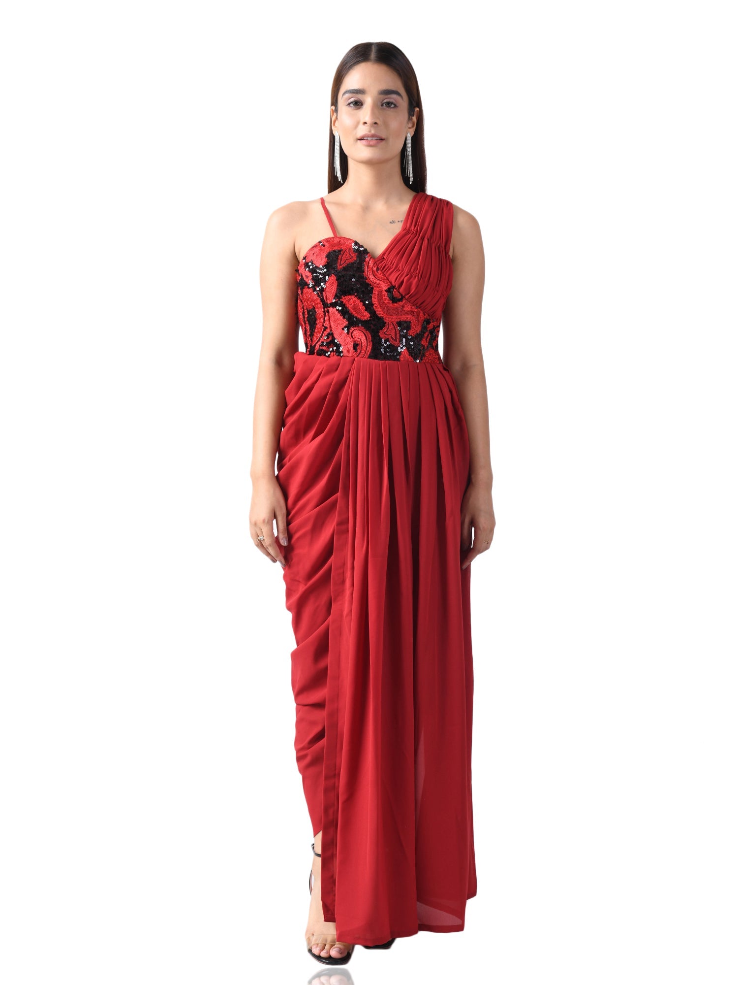 PAOLA EMBROIDERED CORSET RED PRE DRAPED SAREE