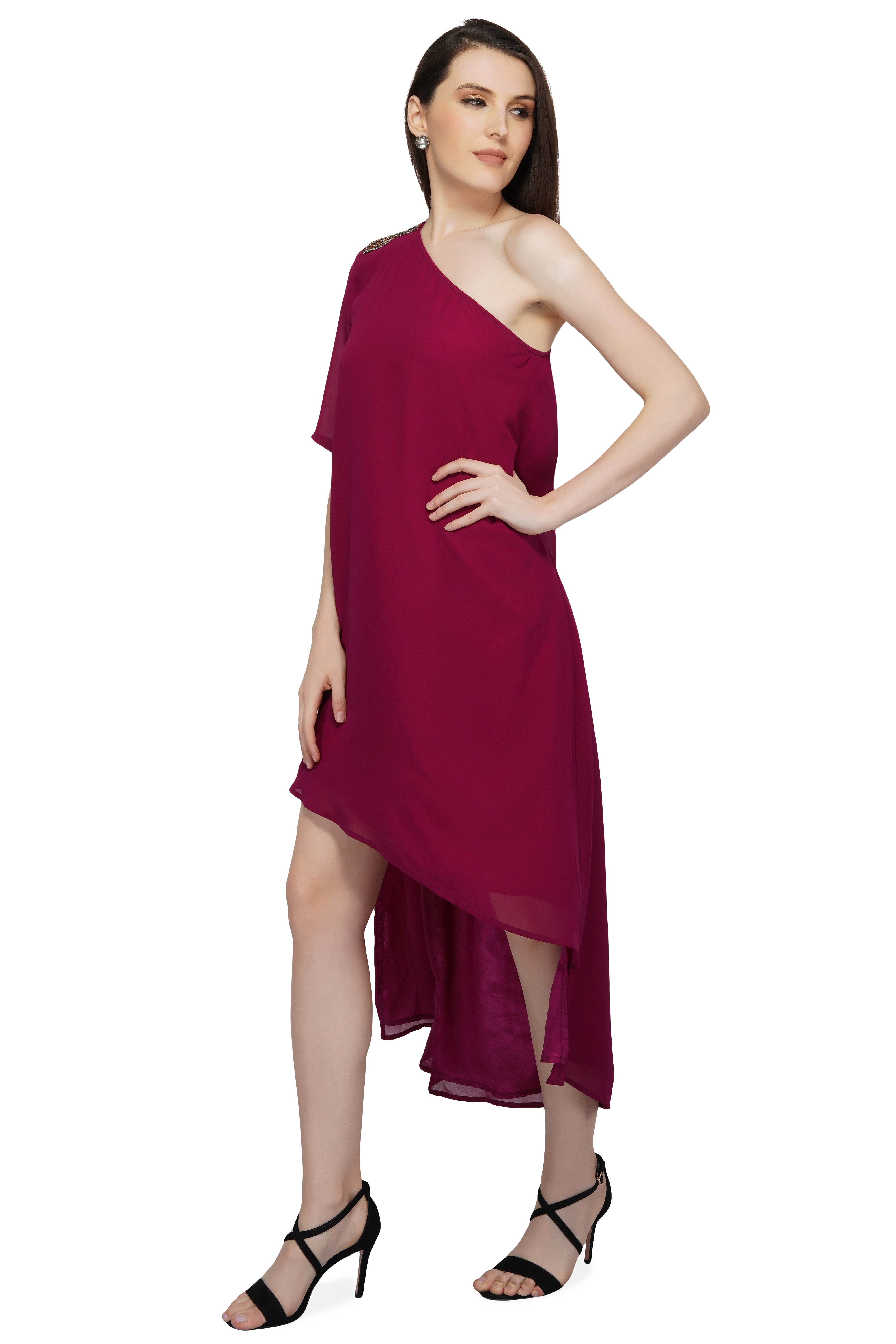 Magenta Skewed Hem, Off Shoulder Wine Dress