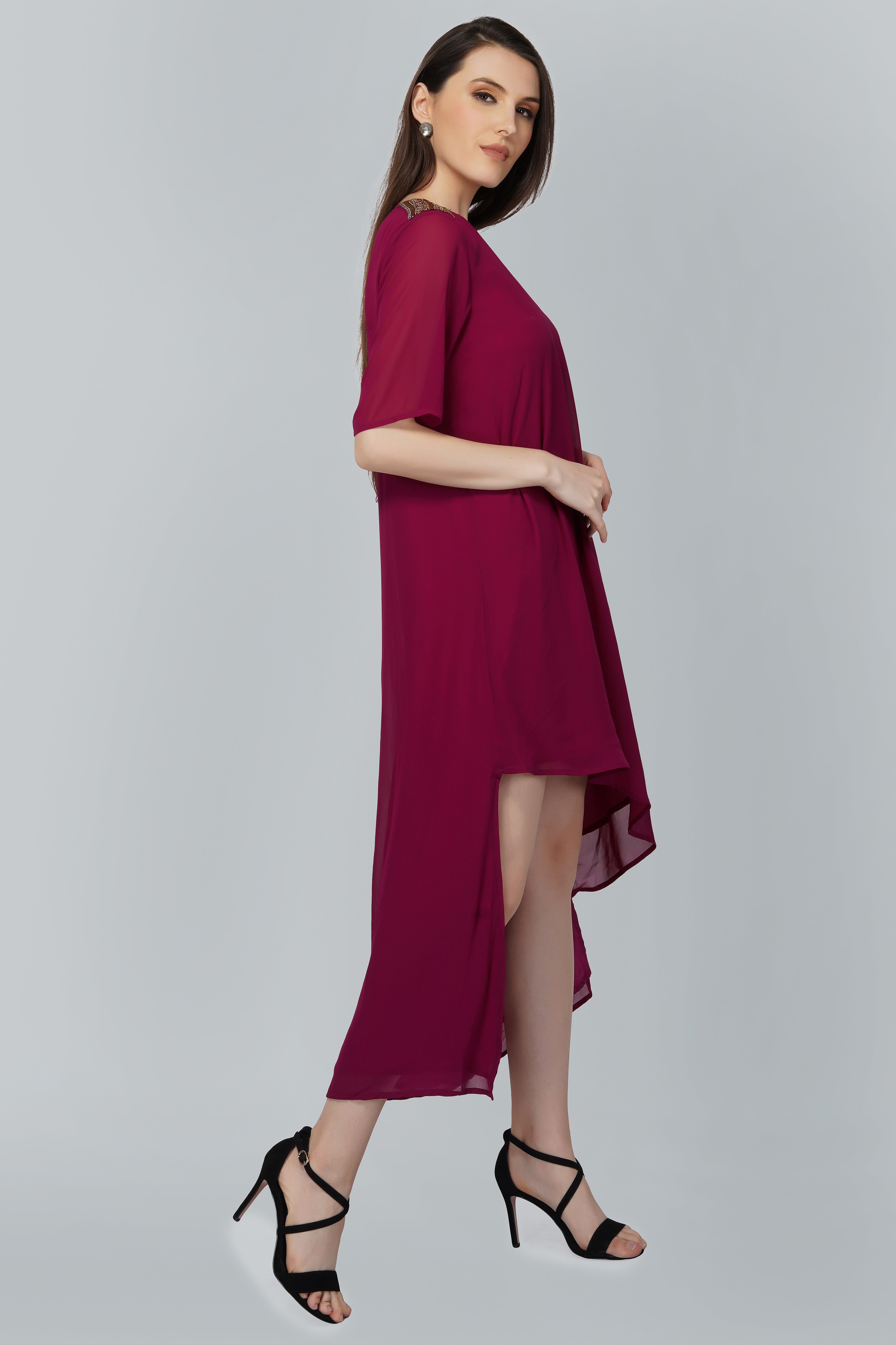 Magenta Skewed Hem, Off Shoulder Wine Dress