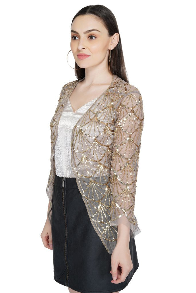 Beaded Tulle Shrug in Beige