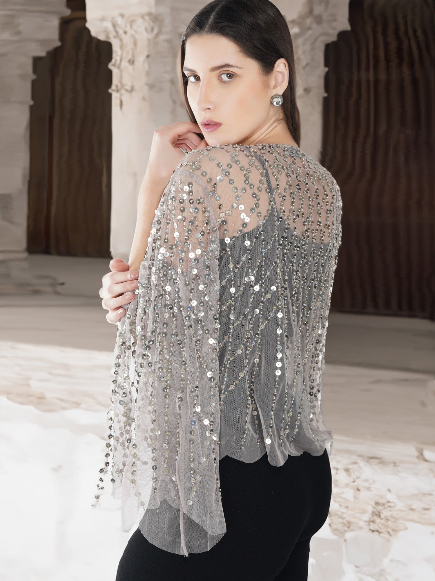 Beige Sequins Embellished Shrug Jacket