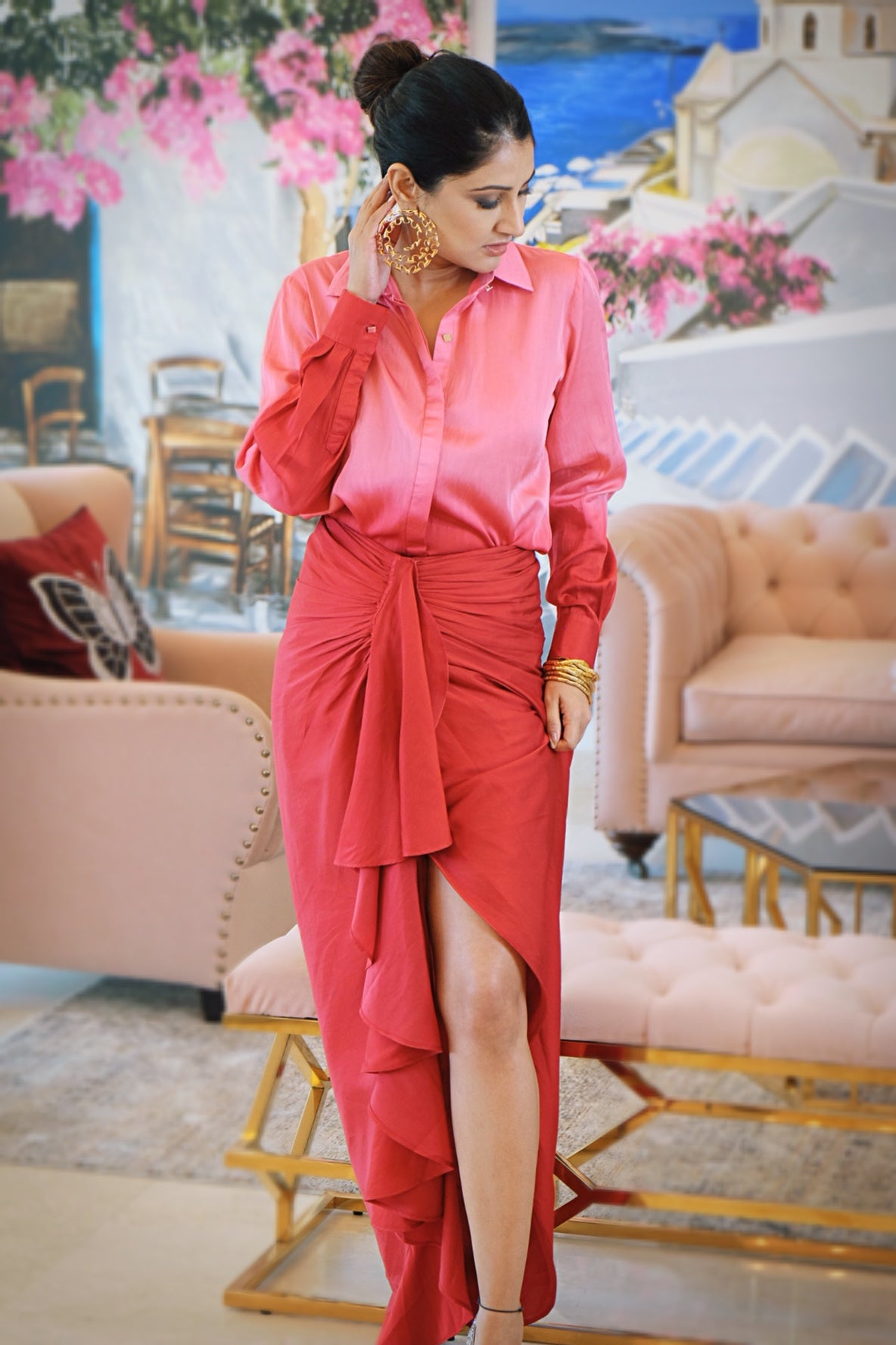Red and pink dhoti ombre shirt co-ord dress