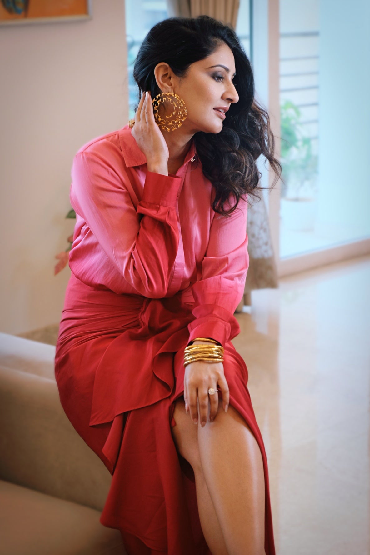 Red and pink dhoti ombre shirt co-ord dress