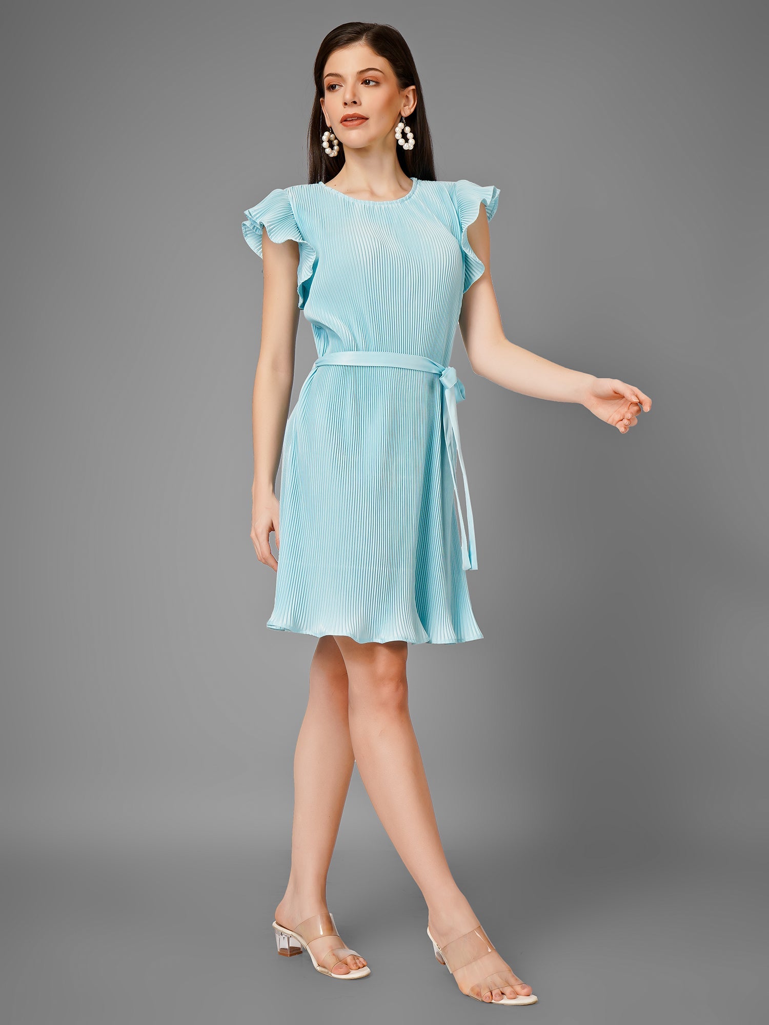 Elegence Pleated Mini Dress With Belt