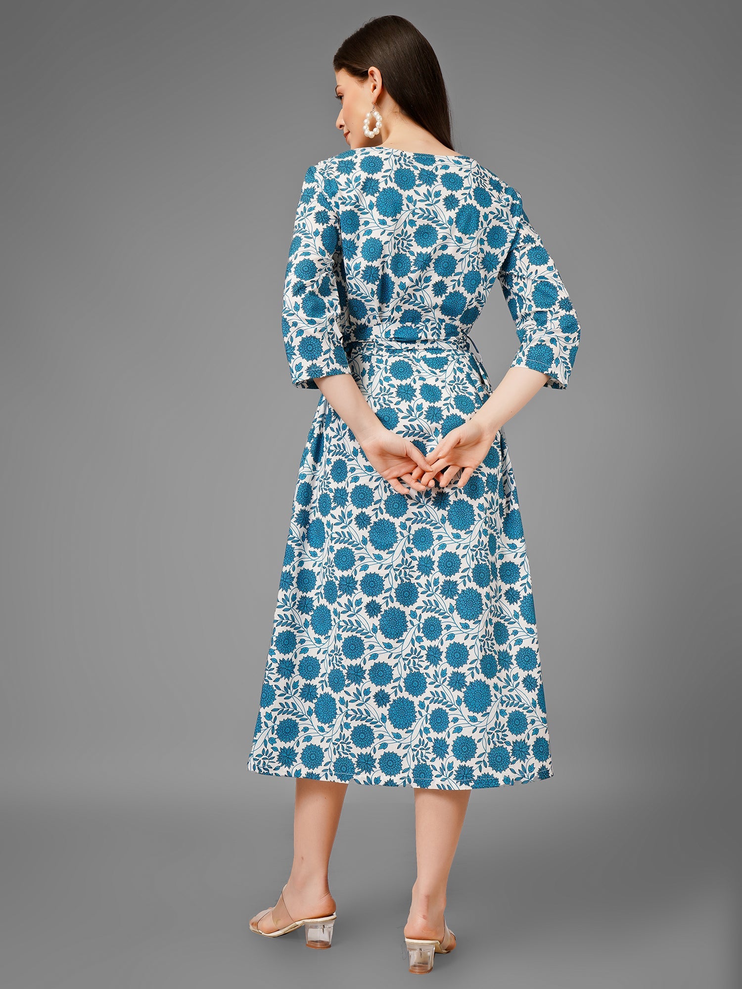 White On Blue Midi A-Line Dress