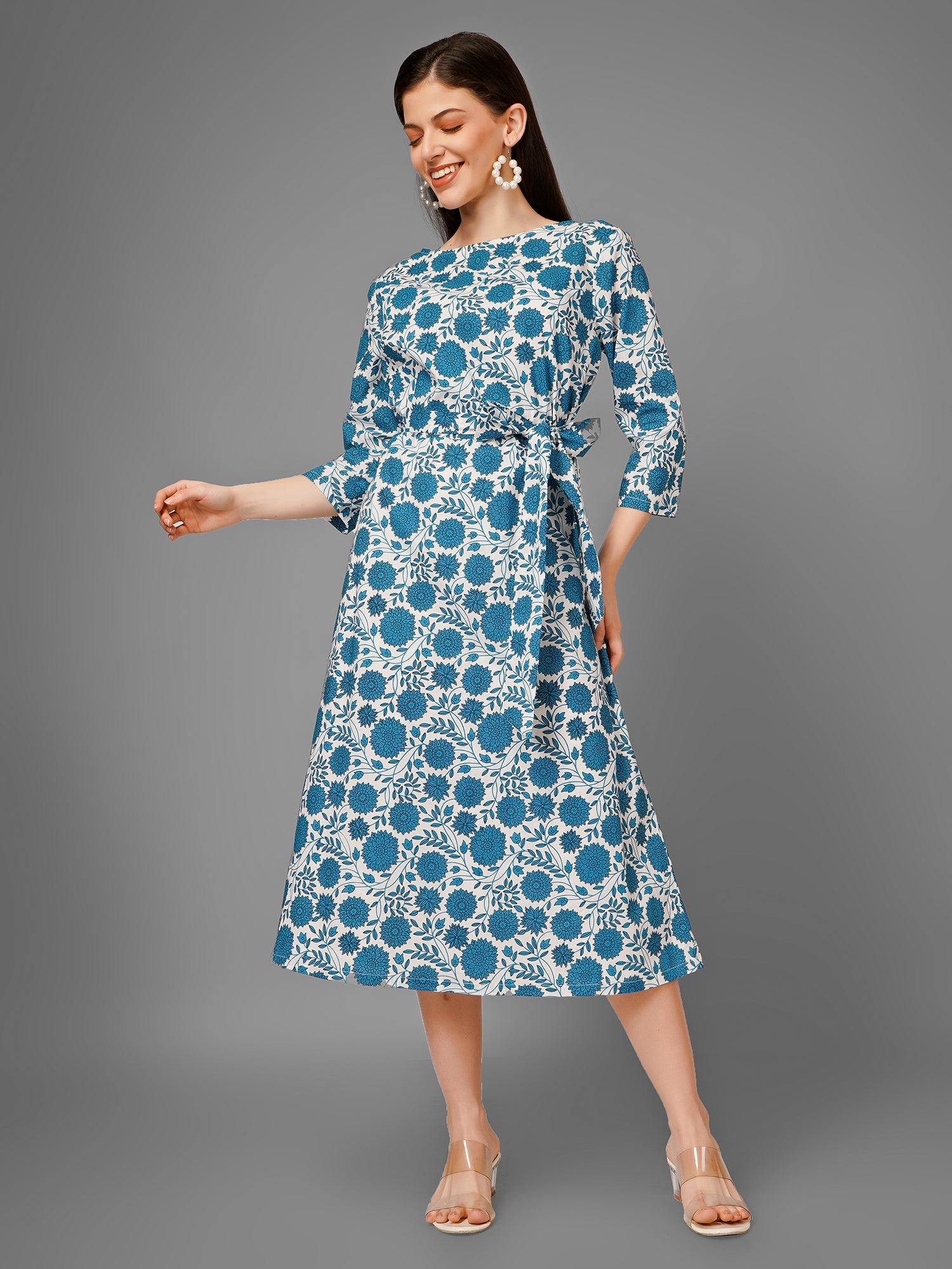 White On Blue Midi A-Line Dress