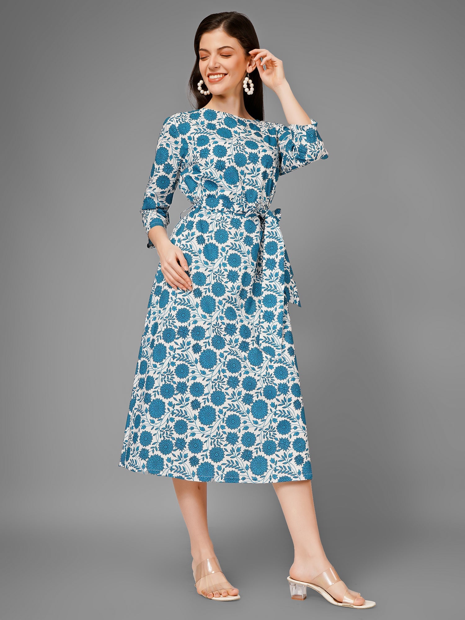 White On Blue Midi A-Line Dress