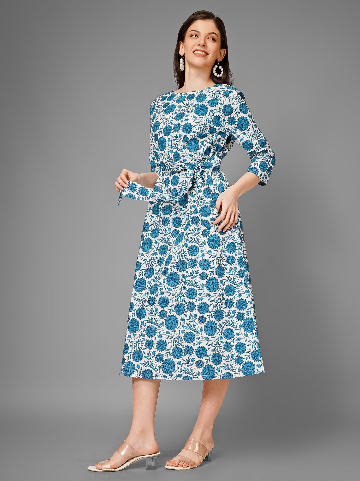 White On Blue Midi A-Line Dress