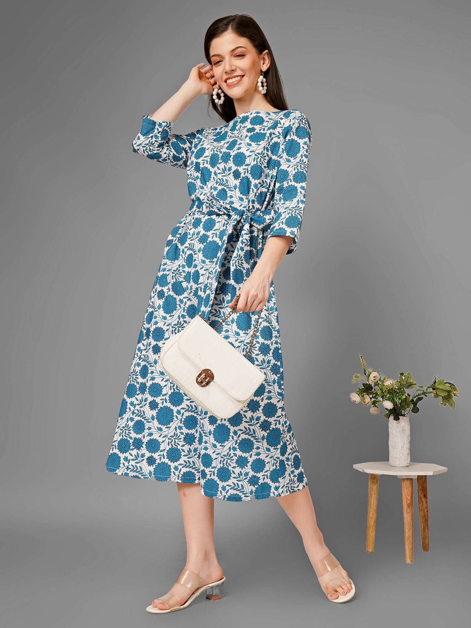 White On Blue Midi A-Line Dress