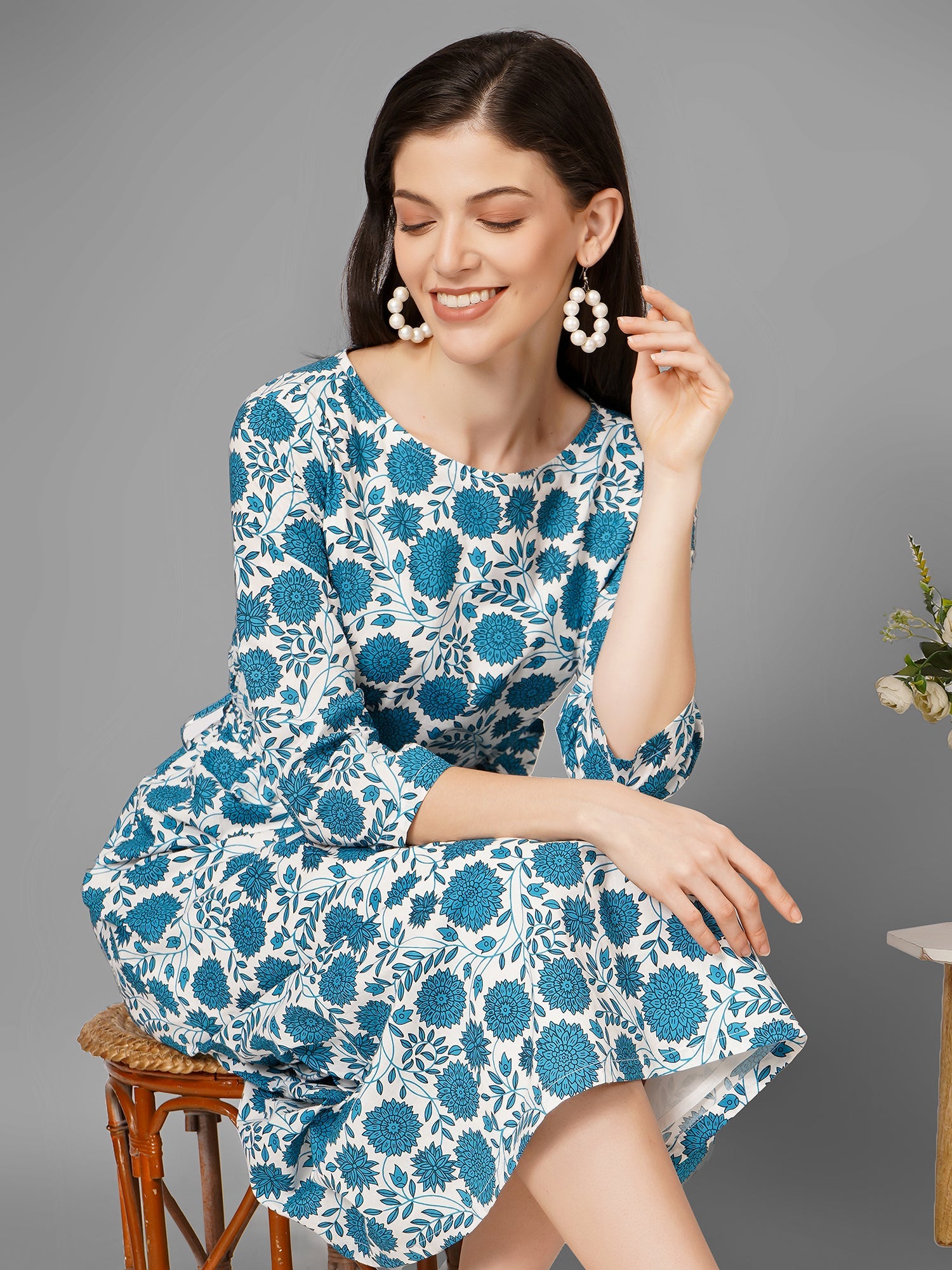 White On Blue Midi A-Line Dress