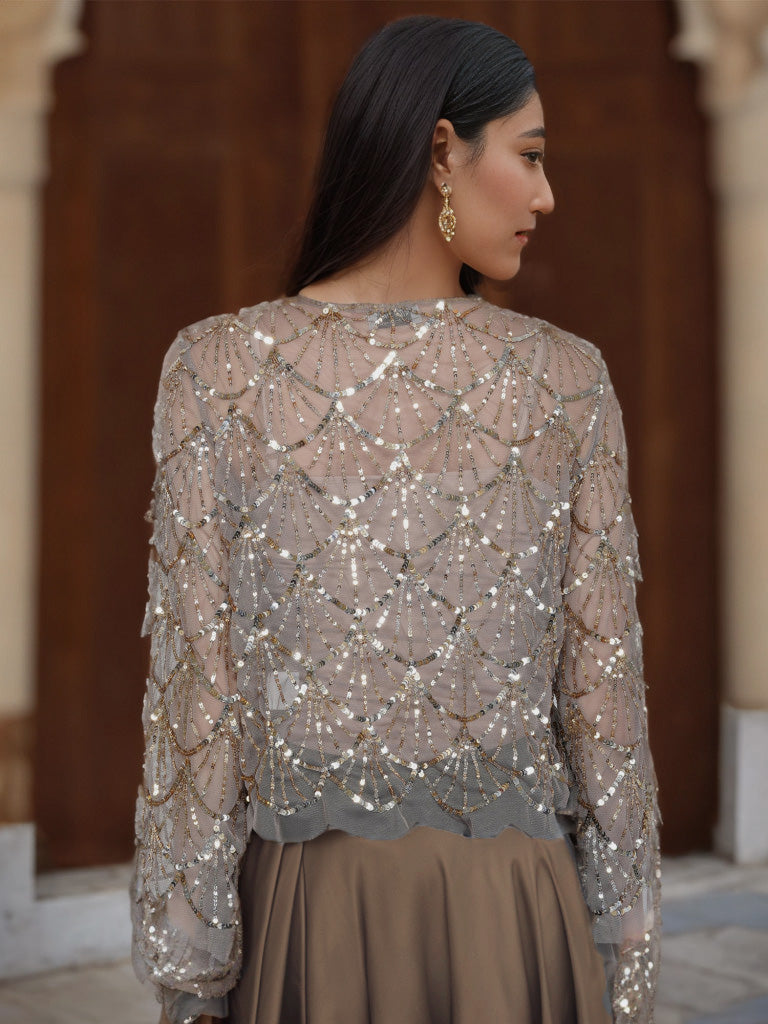 Beaded Tulle Shrug in Beige