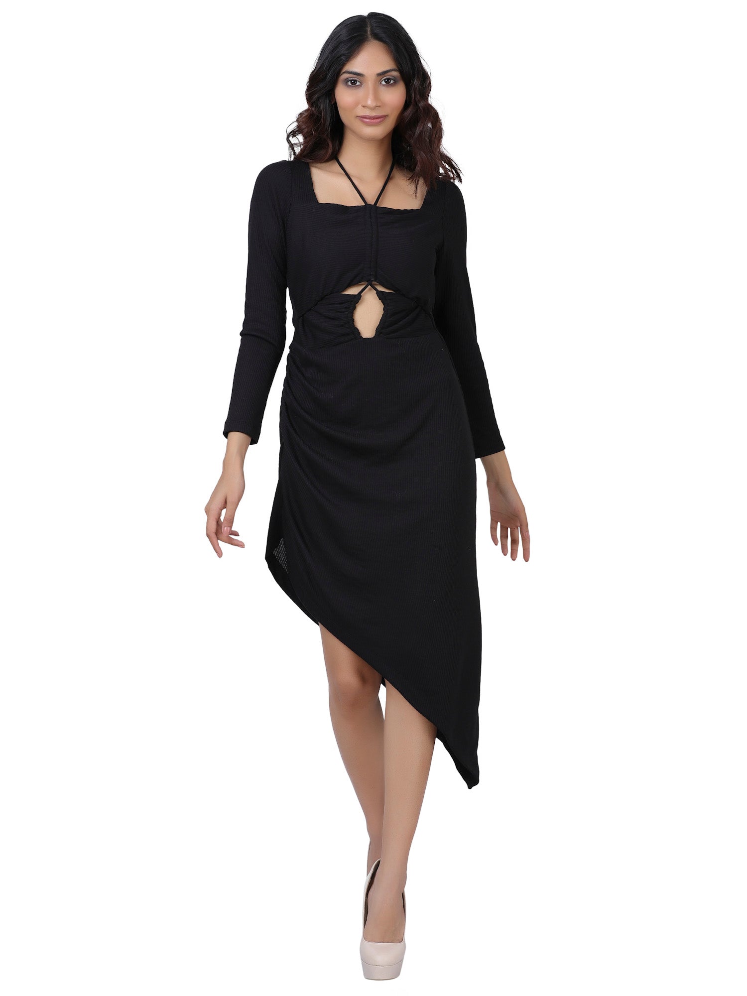 bella ribbed full sleeve asymmetric midi dress