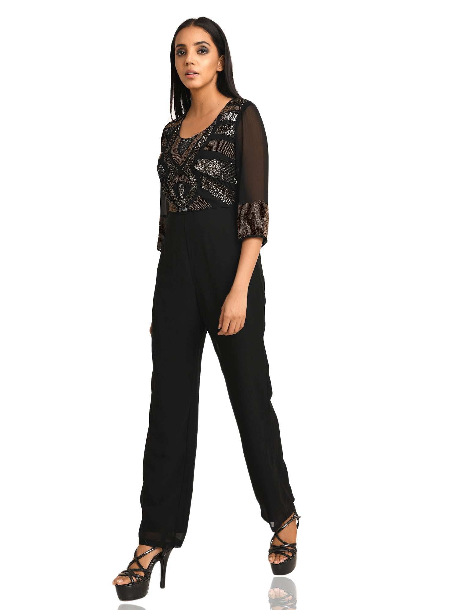 limelight stealing black georgette embroidered jumpsuit