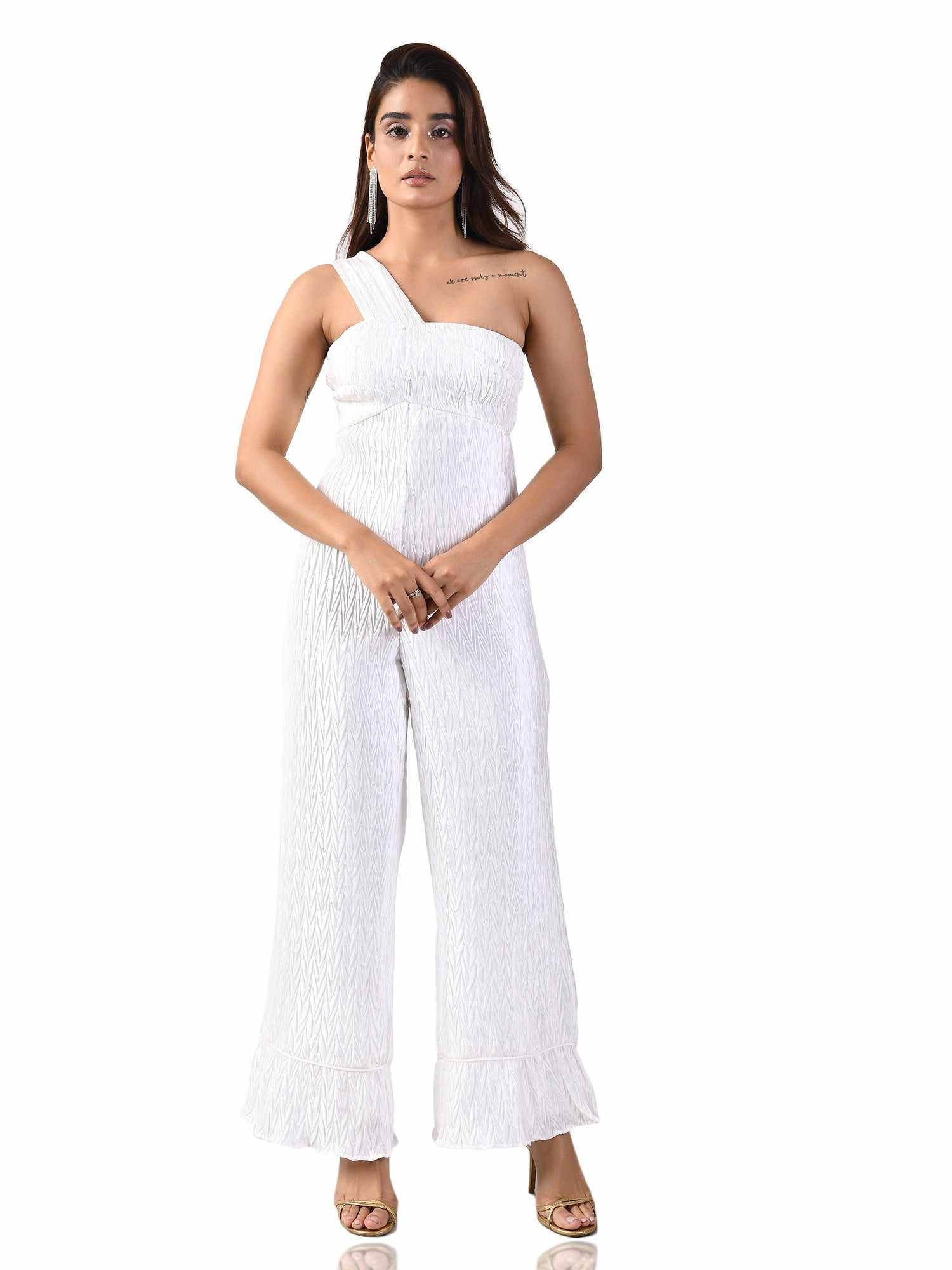 one shoulder white jumpsuit