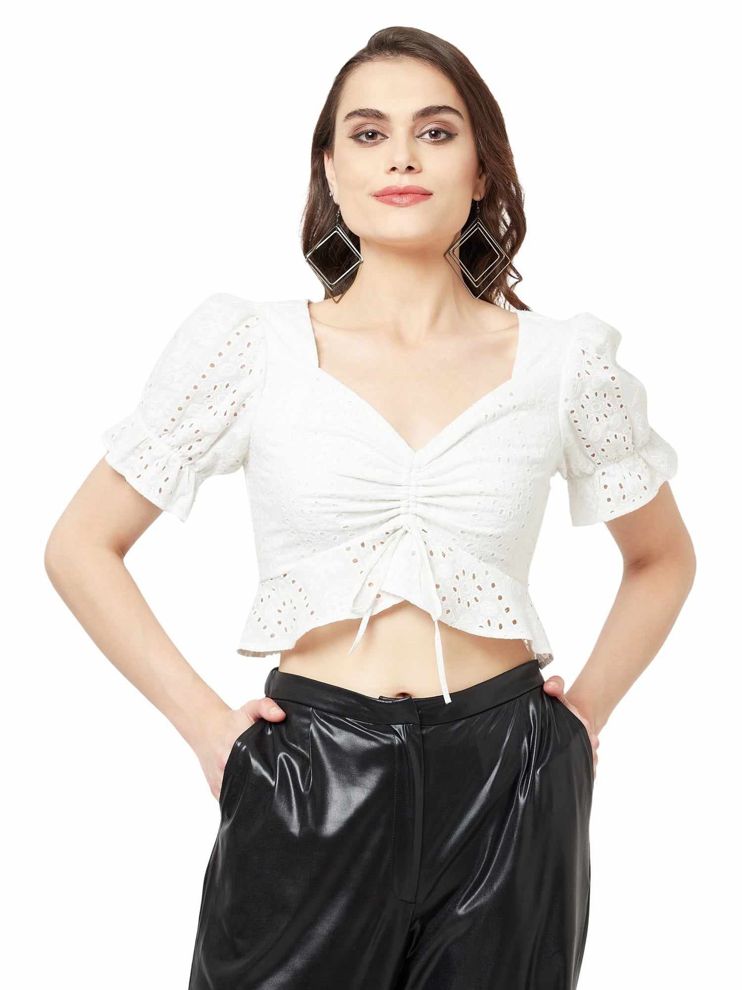 white schiffli top with front ruche