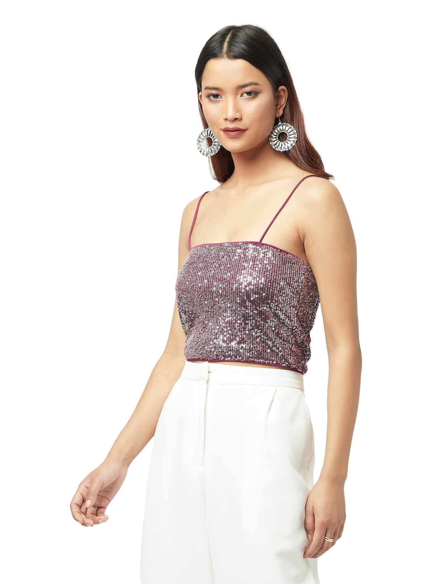 glistening wine strappy tank top