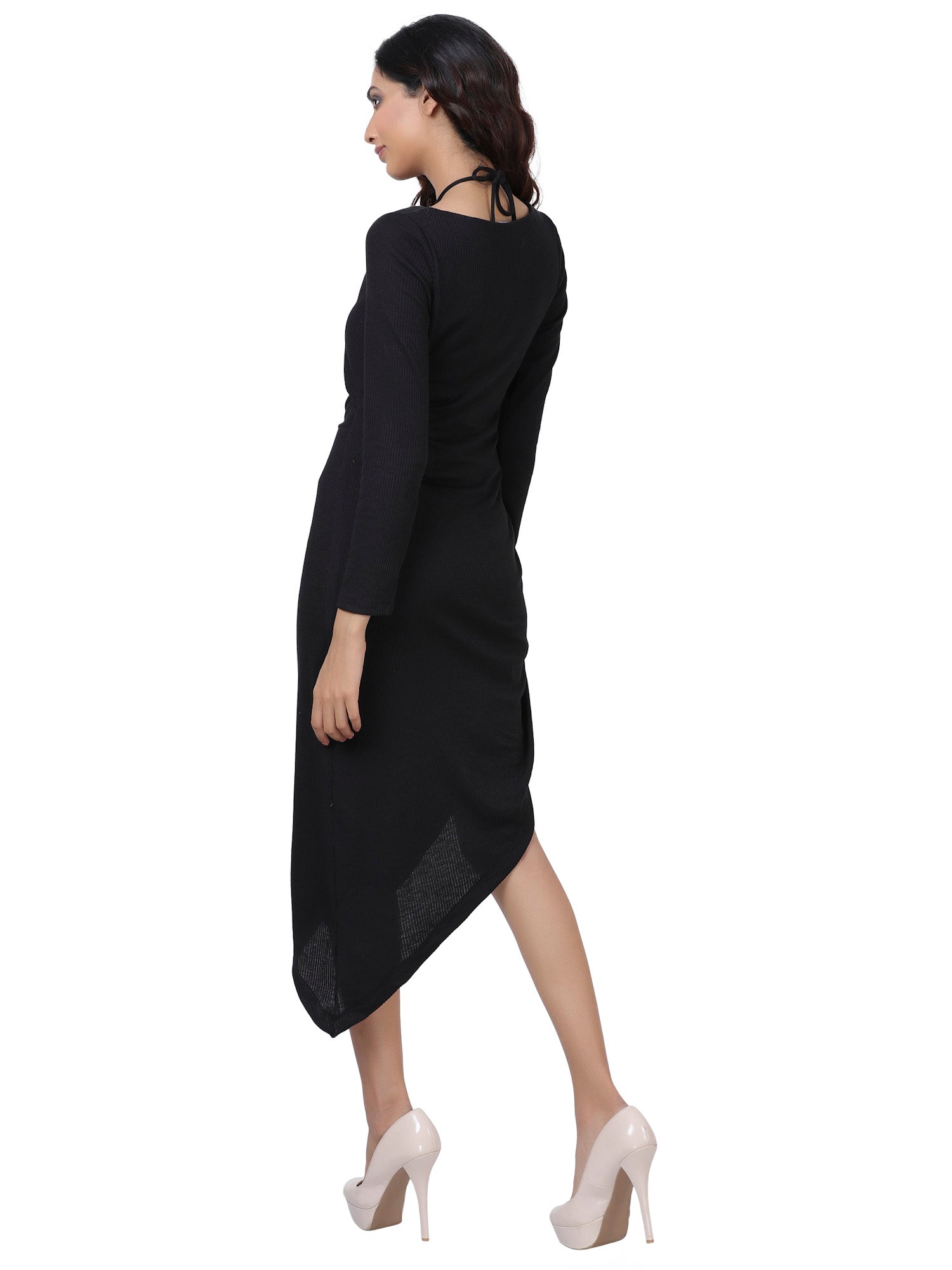 bella ribbed full sleeve asymmetric midi dress