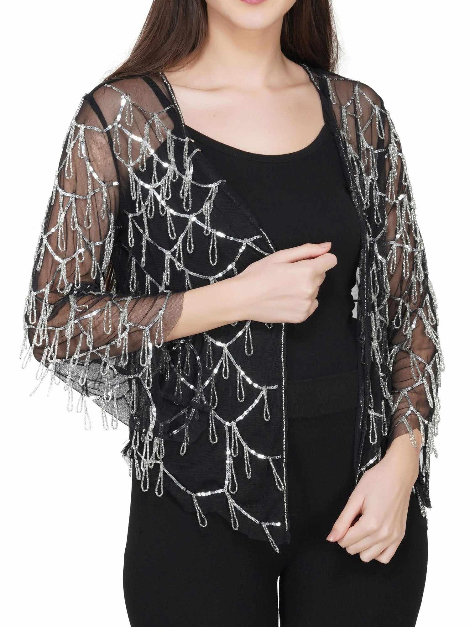 Black embroidered tulle shrug