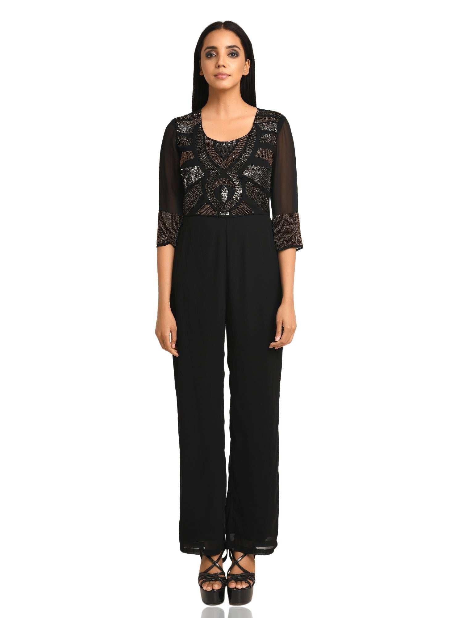 limelight stealing black georgette embroidered jumpsuit