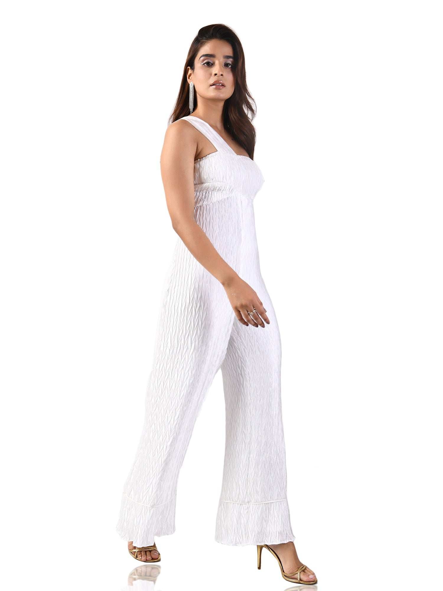 one shoulder white jumpsuit