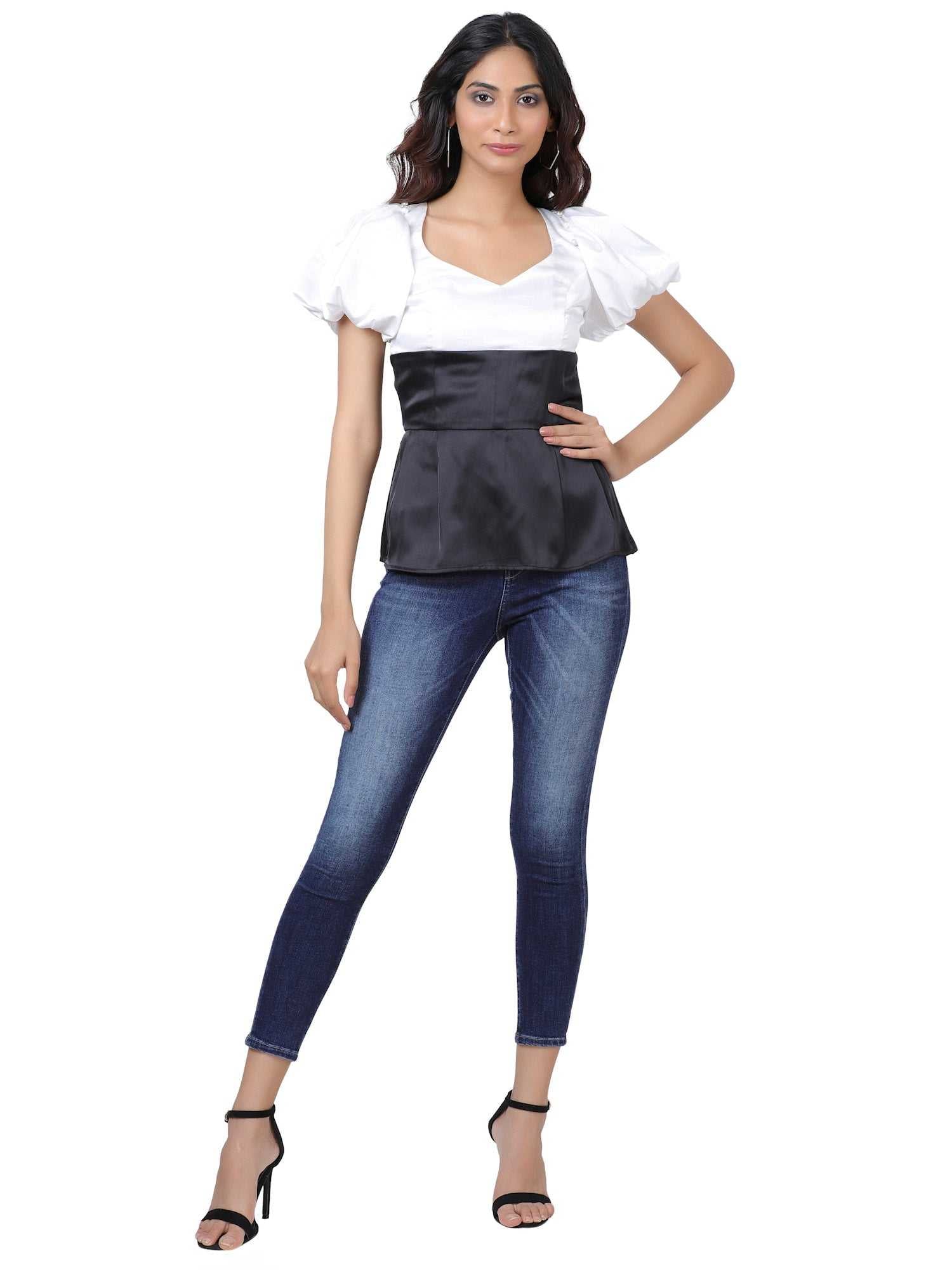 monochrome satin removable puff sleeve blouse