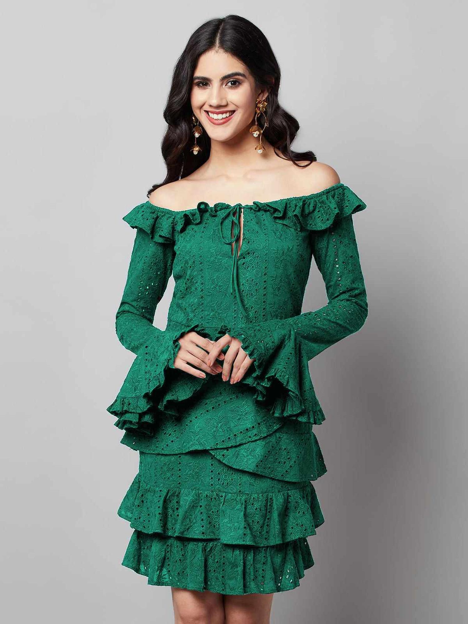 Regal Ruffle Noir Green Dress - Green