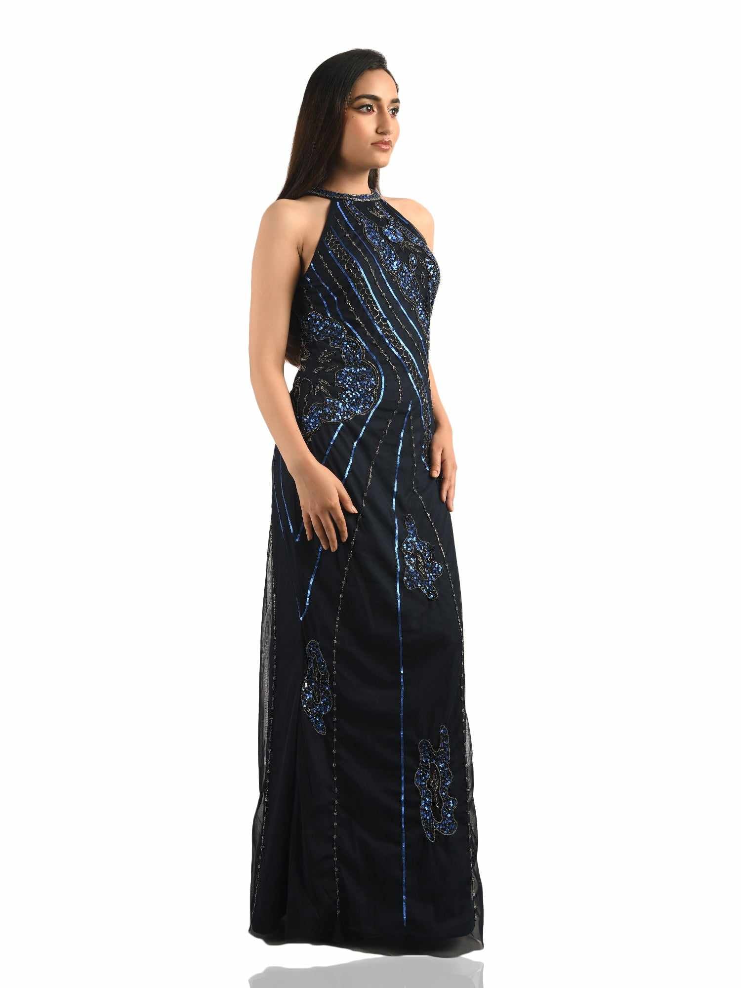 hand embellished halter neck gown