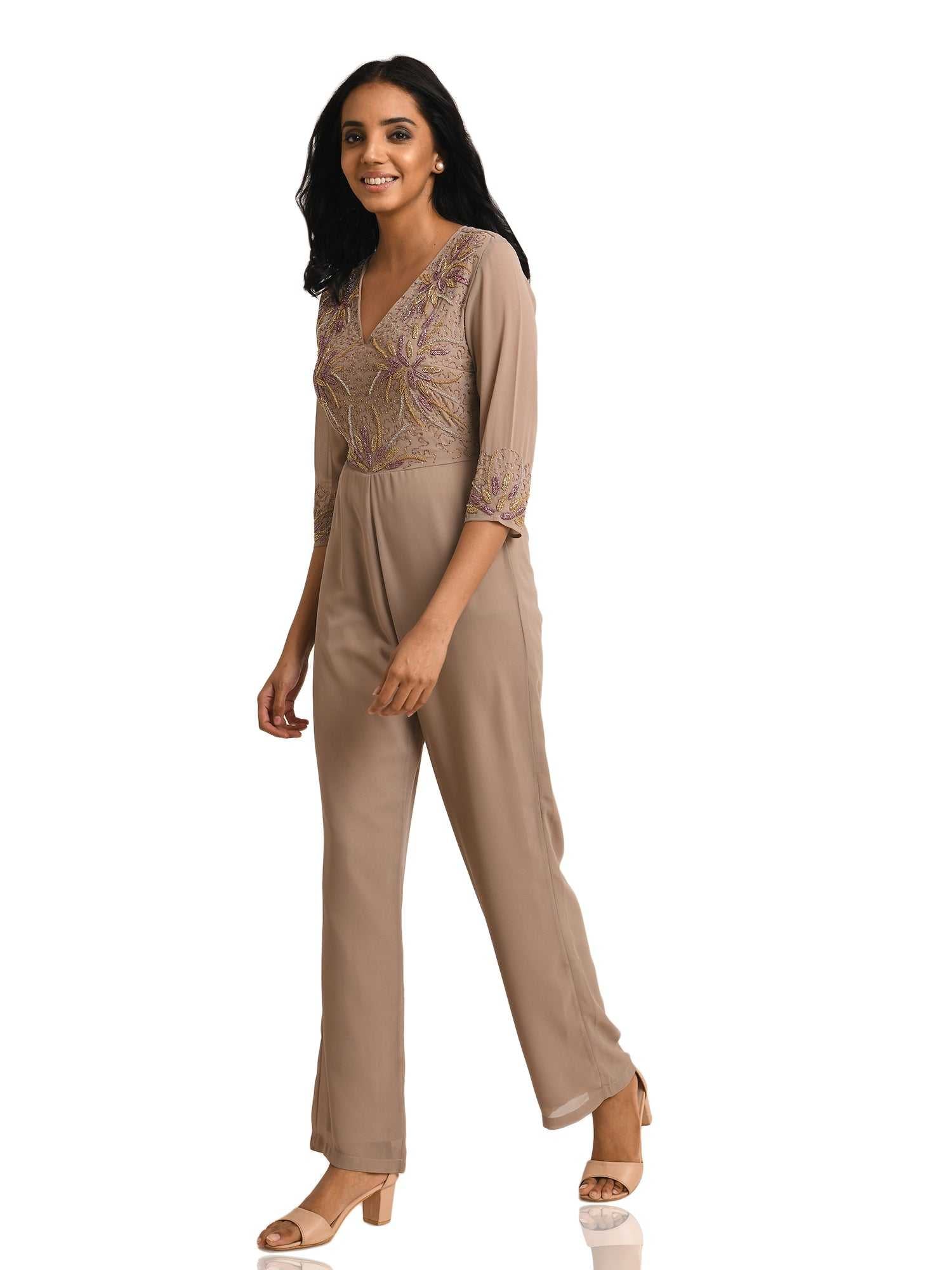 petite nude floral embroidered jumpsuit