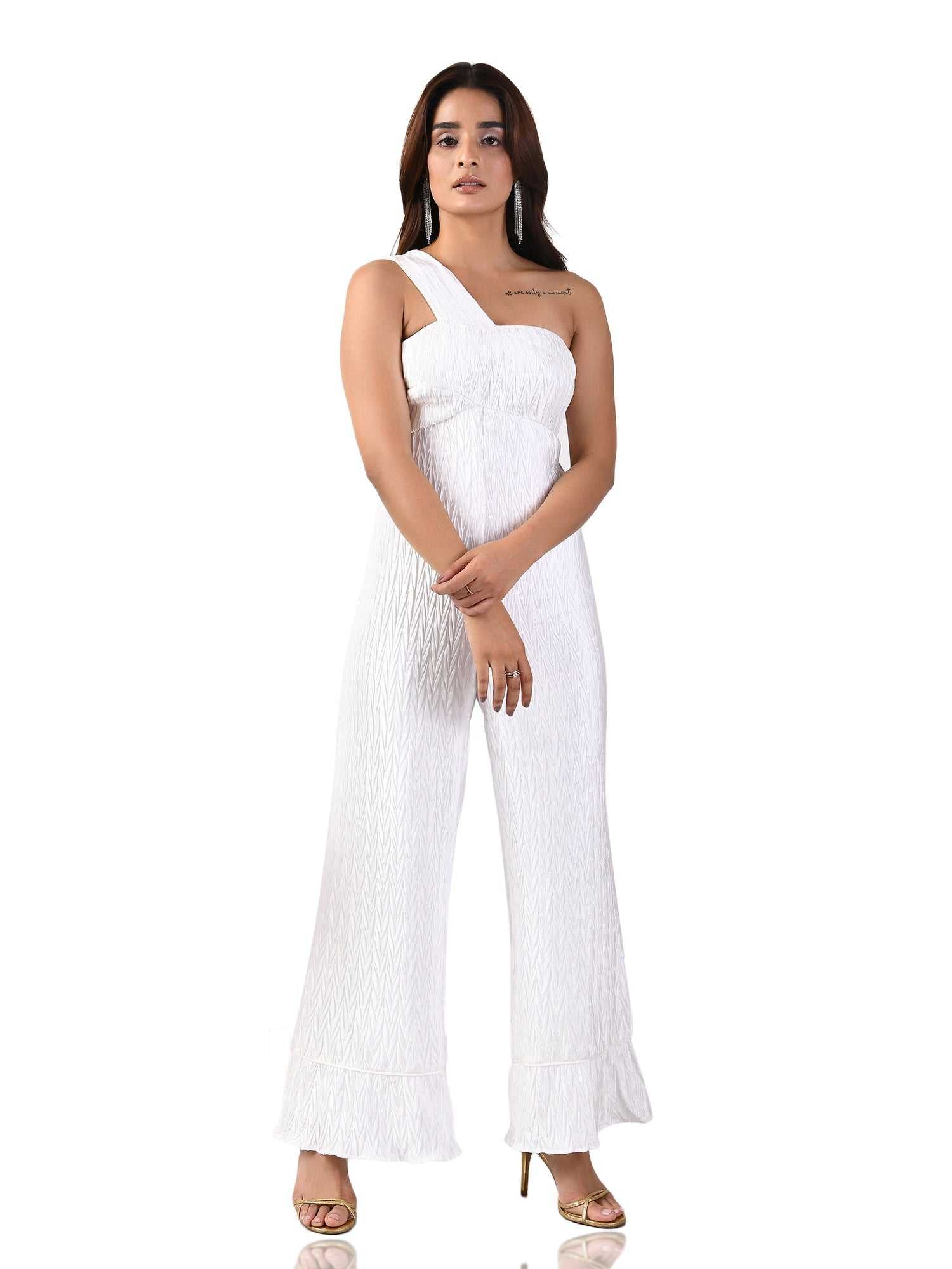 one shoulder white jumpsuit