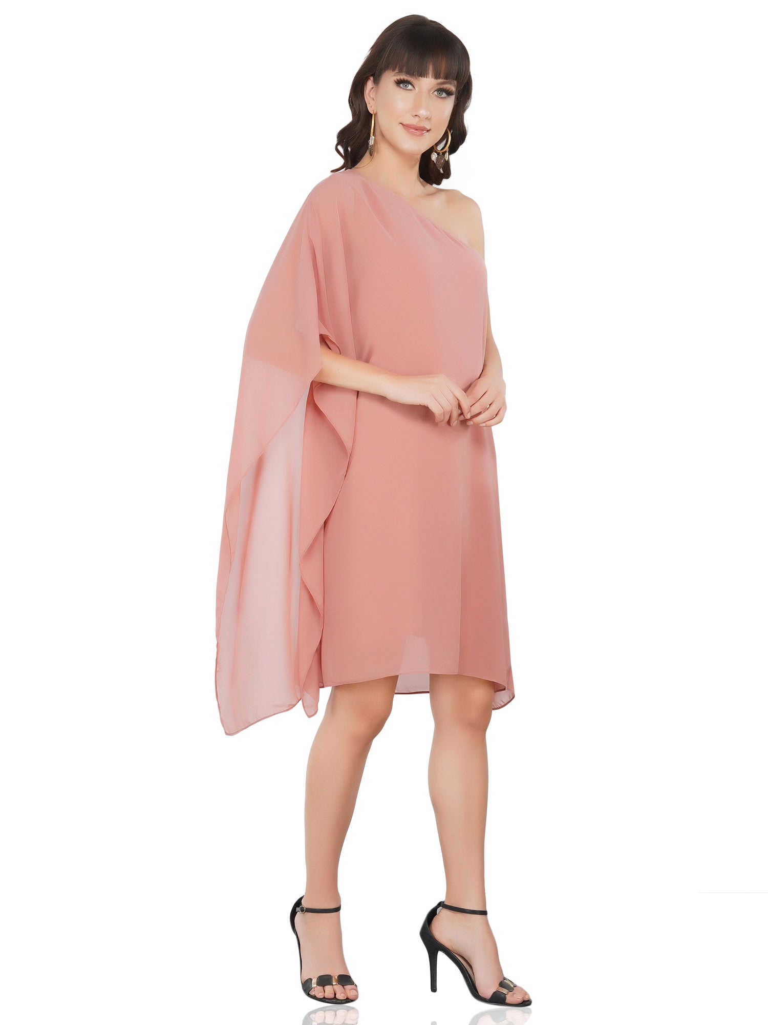 pink one shoulder draped dress