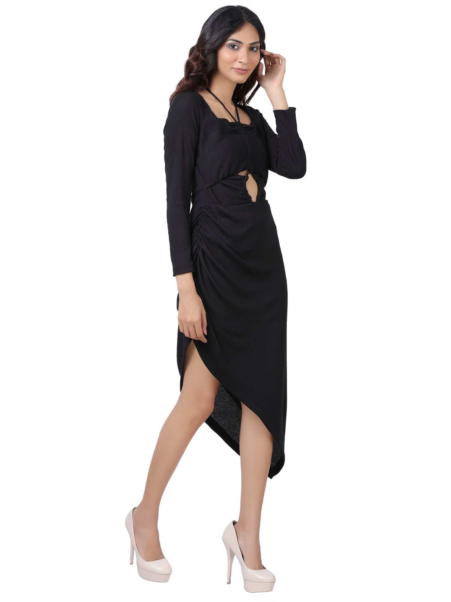 bella ribbed full sleeve asymmetric midi dress