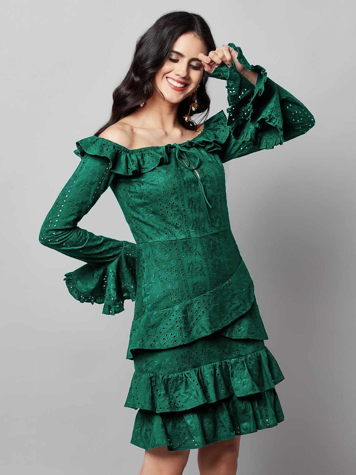 Regal Ruffle Noir Green Dress - Green