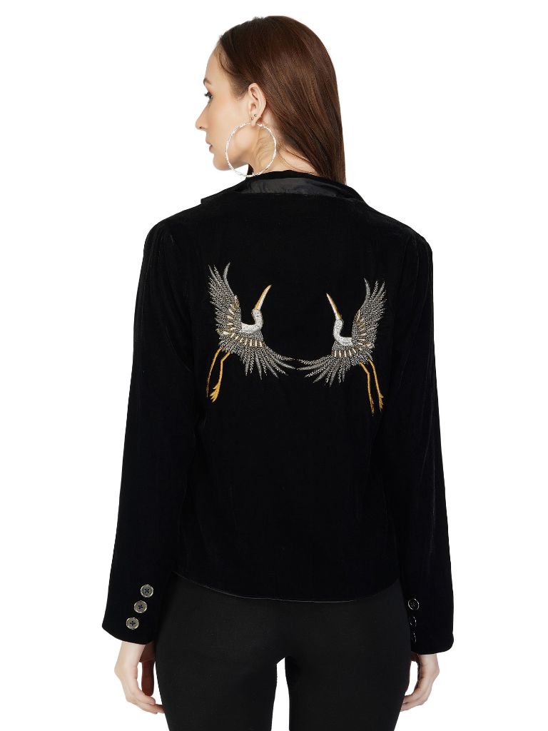 bird motif velvet jacket