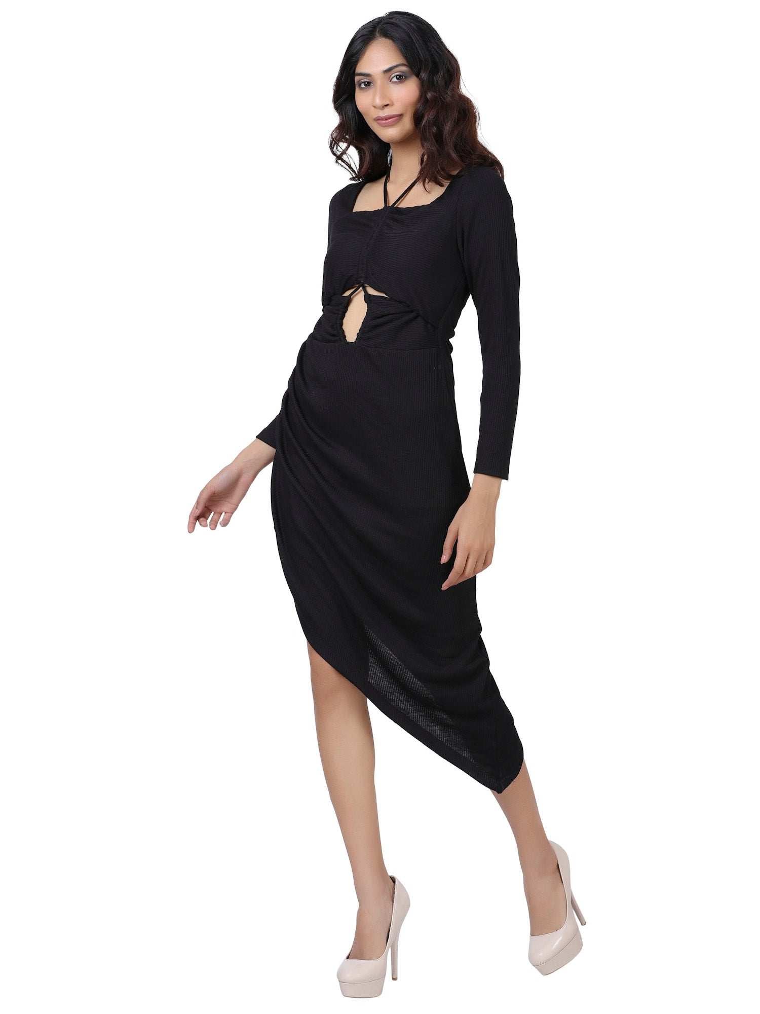 bella ribbed full sleeve asymmetric midi dress