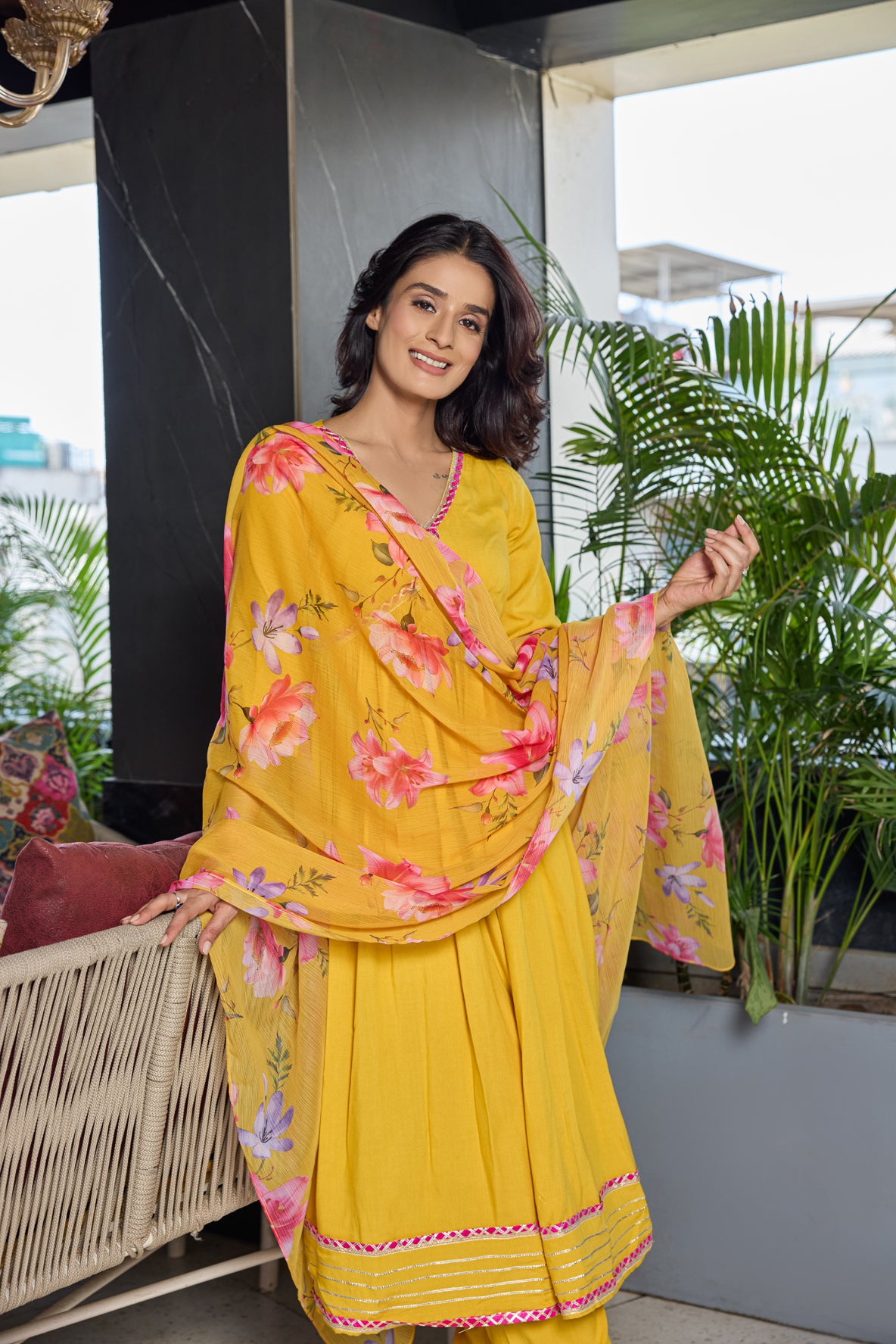 Mustard floral fit and flare suit set