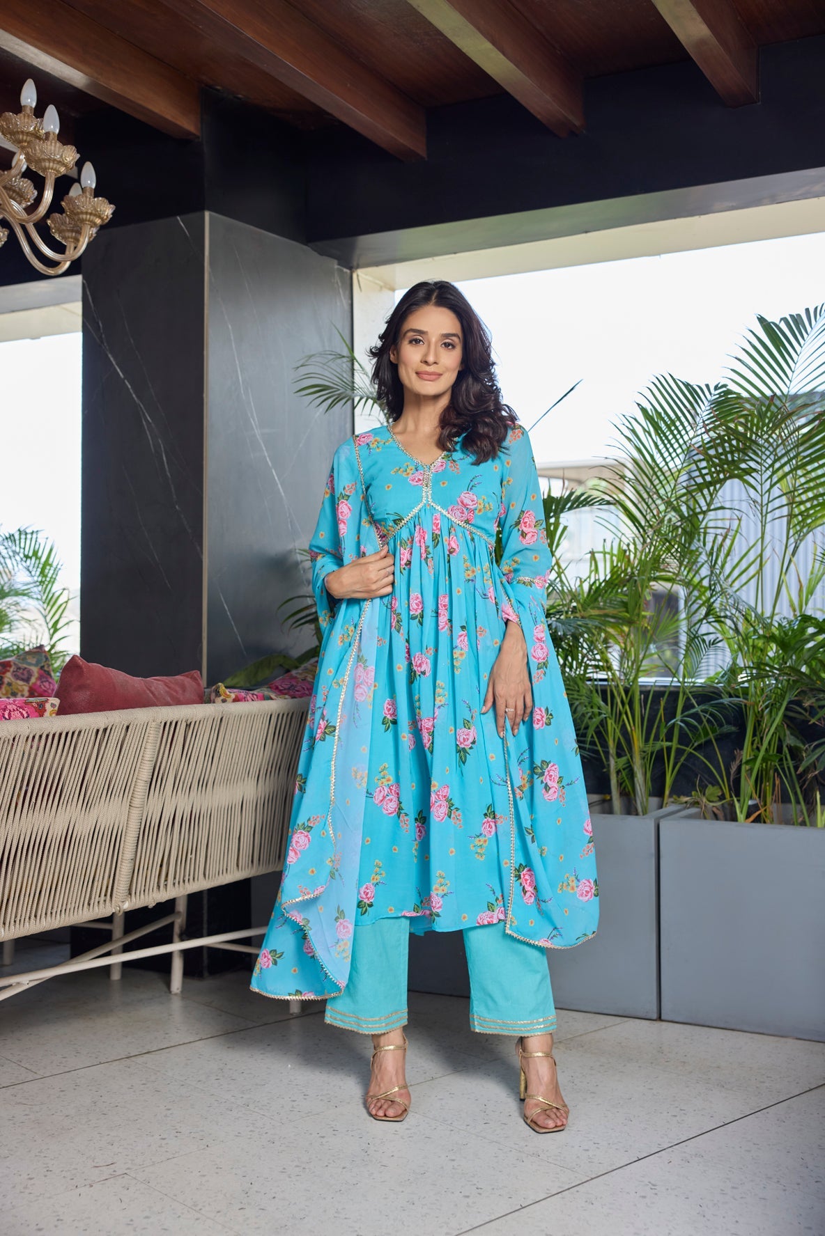 Light blue floral printed fit and flare anarkali suit set with dupatta