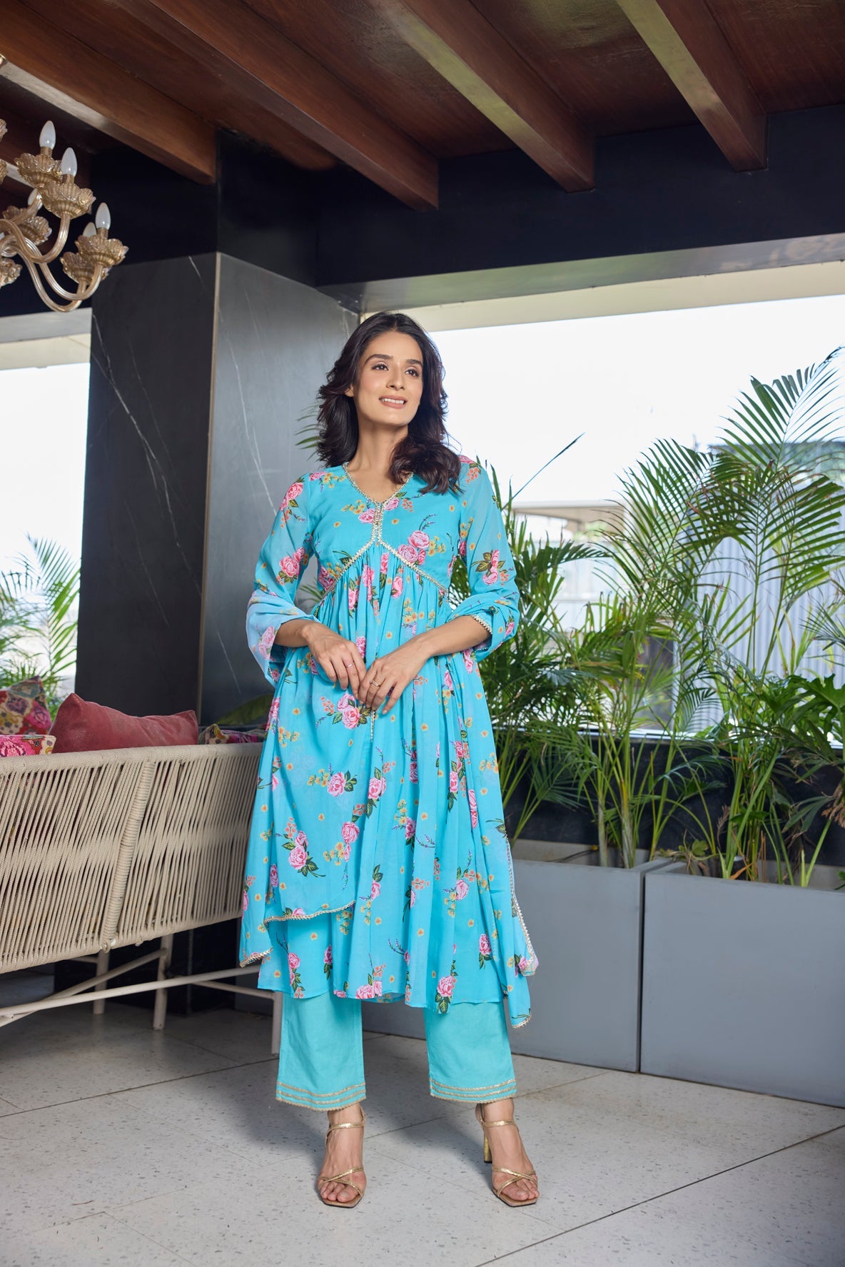 Light blue floral printed fit and flare anarkali suit set with dupatta