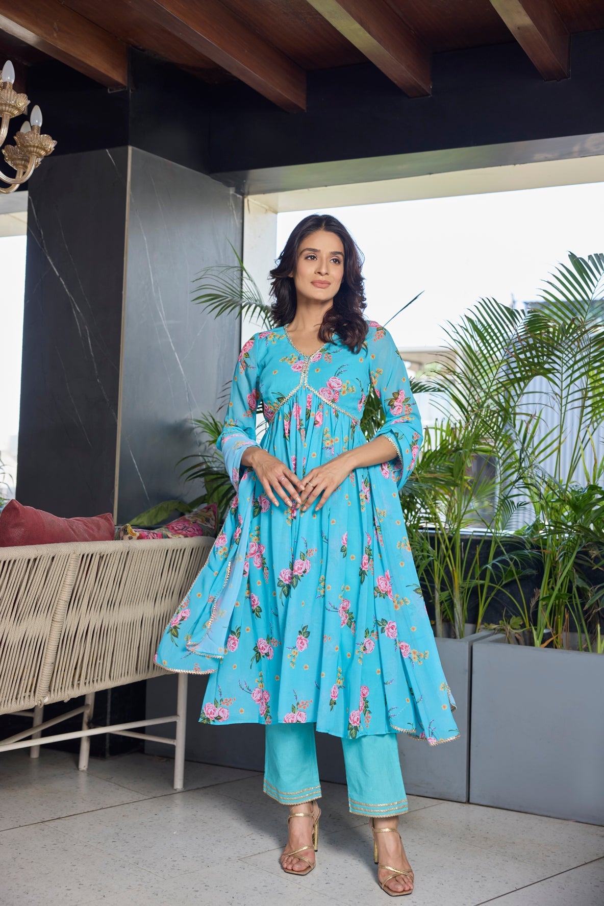 Light blue floral printed fit and flare anarkali suit set with dupatta