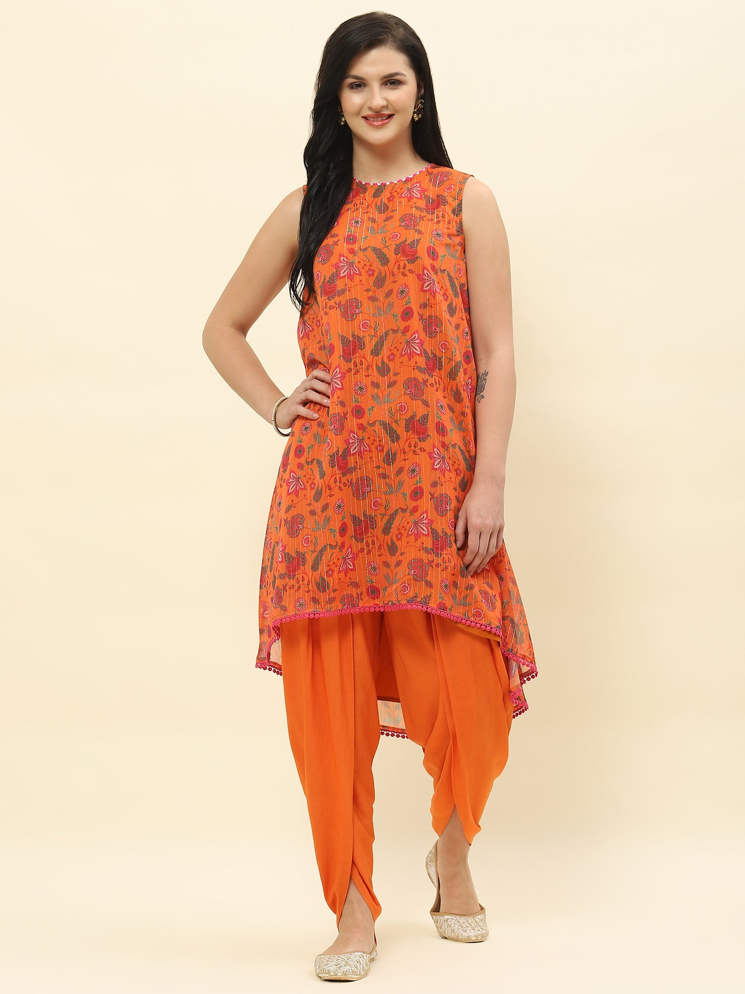 orange floral printed lurex sleeveless a line dhoti co-ord set