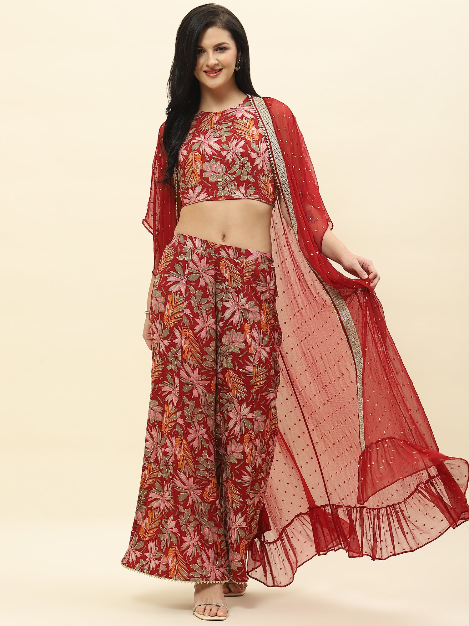 Red floral printed cape three piece set
