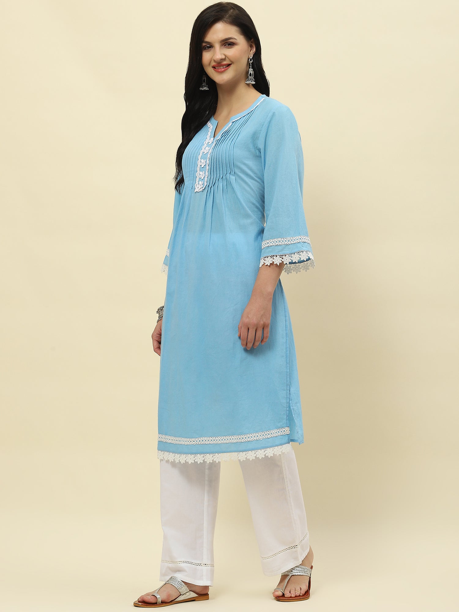 Blue laced pleated kurta set