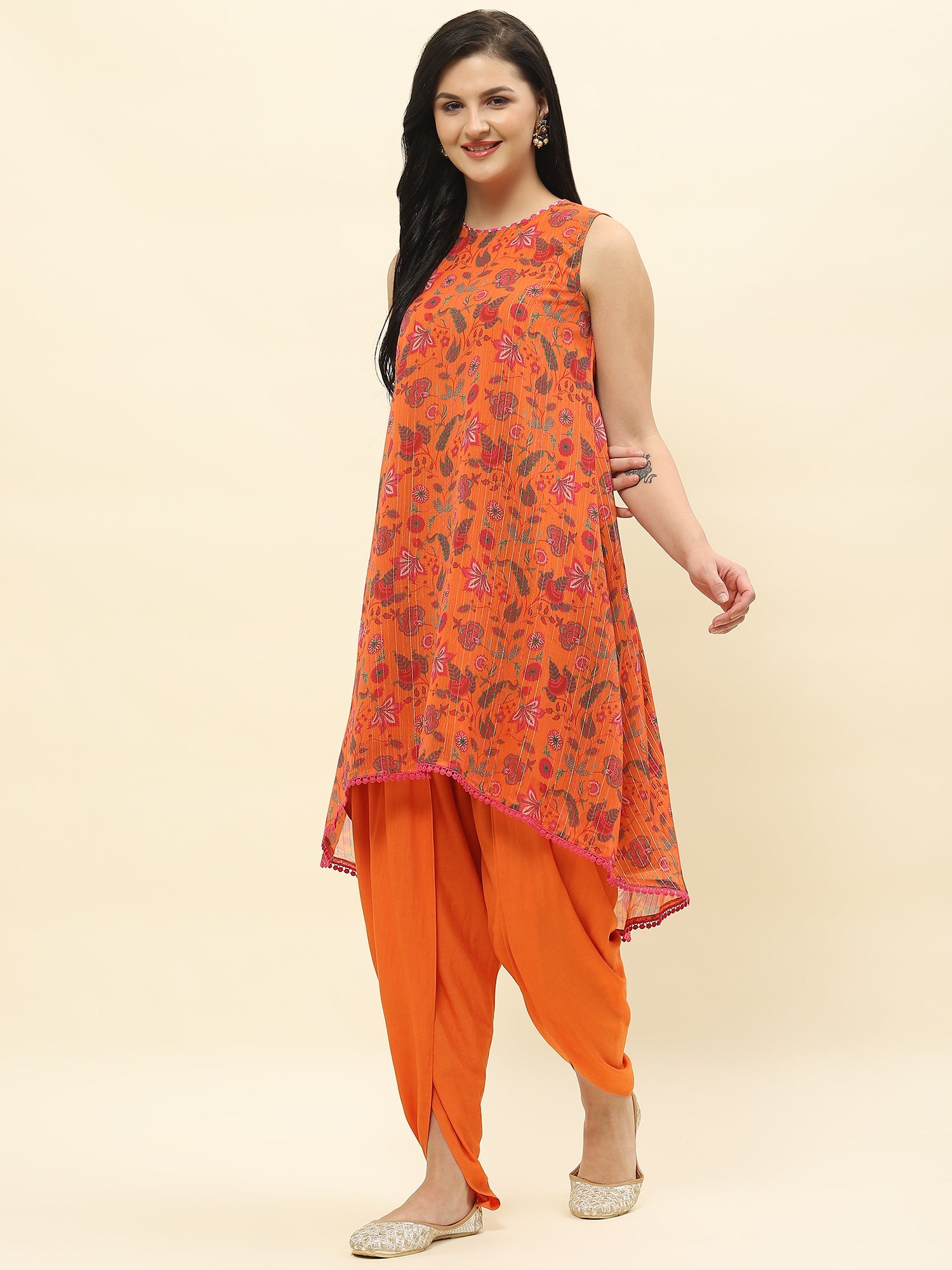 orange floral printed lurex sleeveless a line dhoti co-ord set
