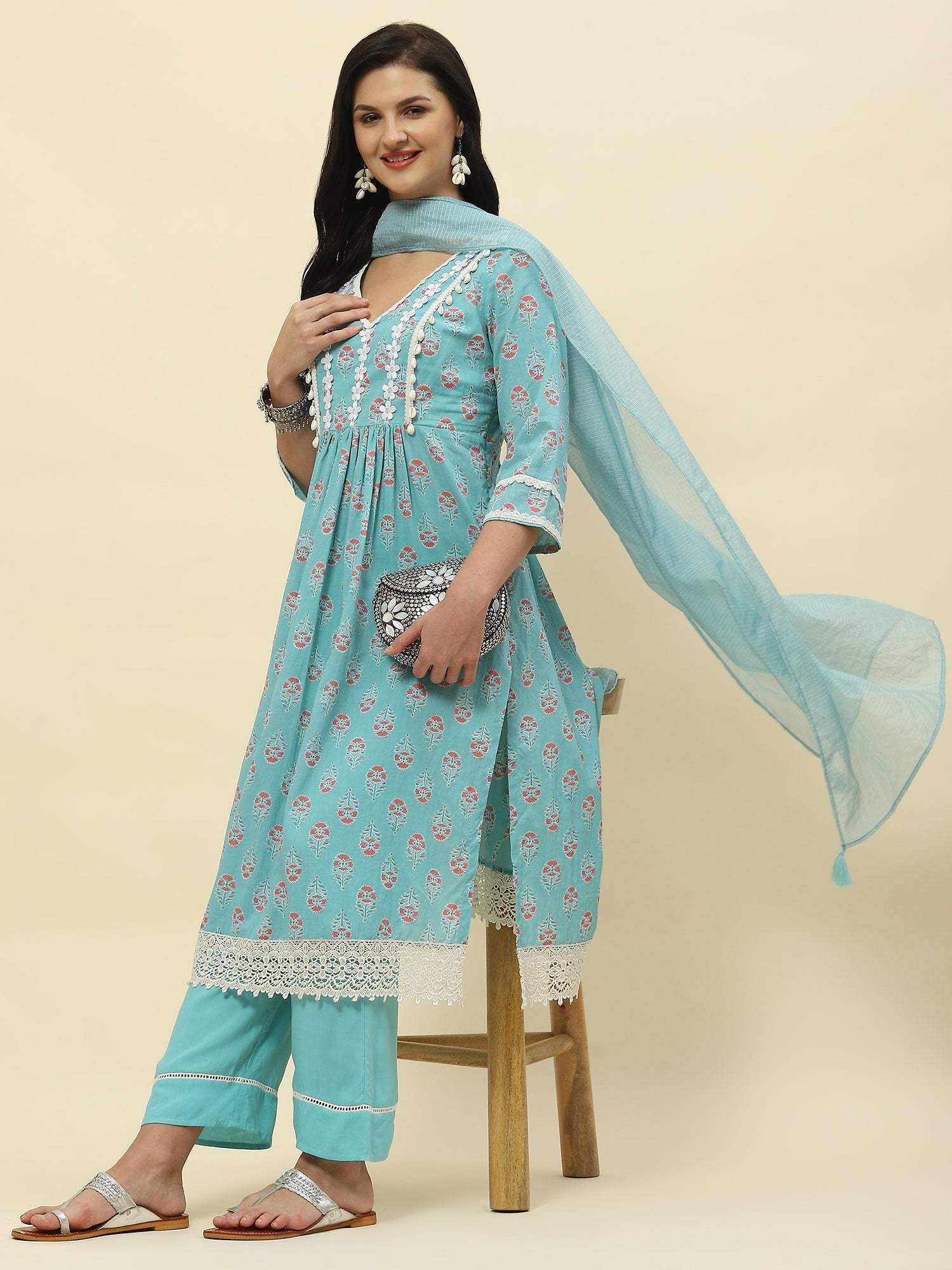 Green floral printed lace detail kurta set