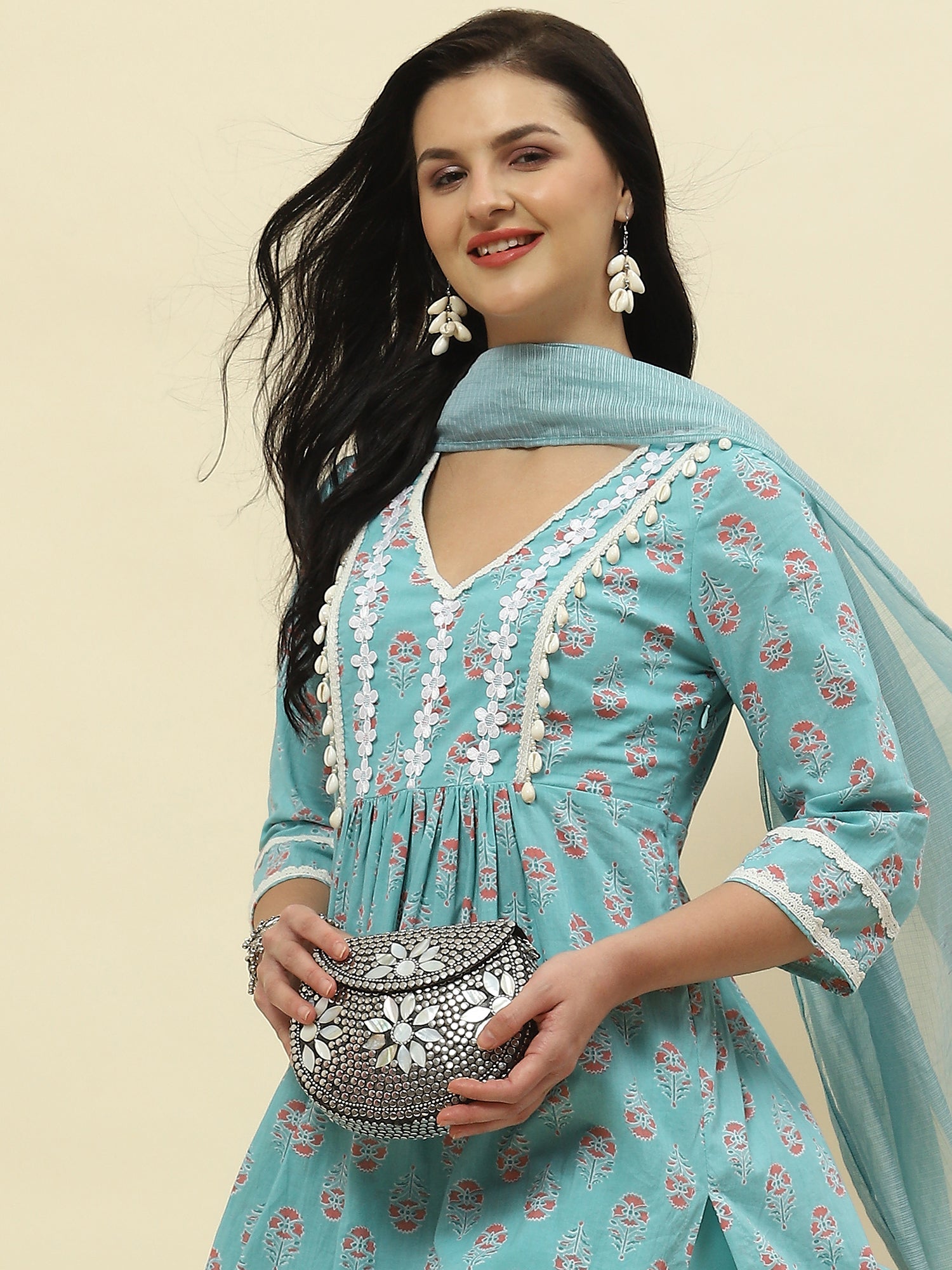 Green floral printed lace detail kurta set